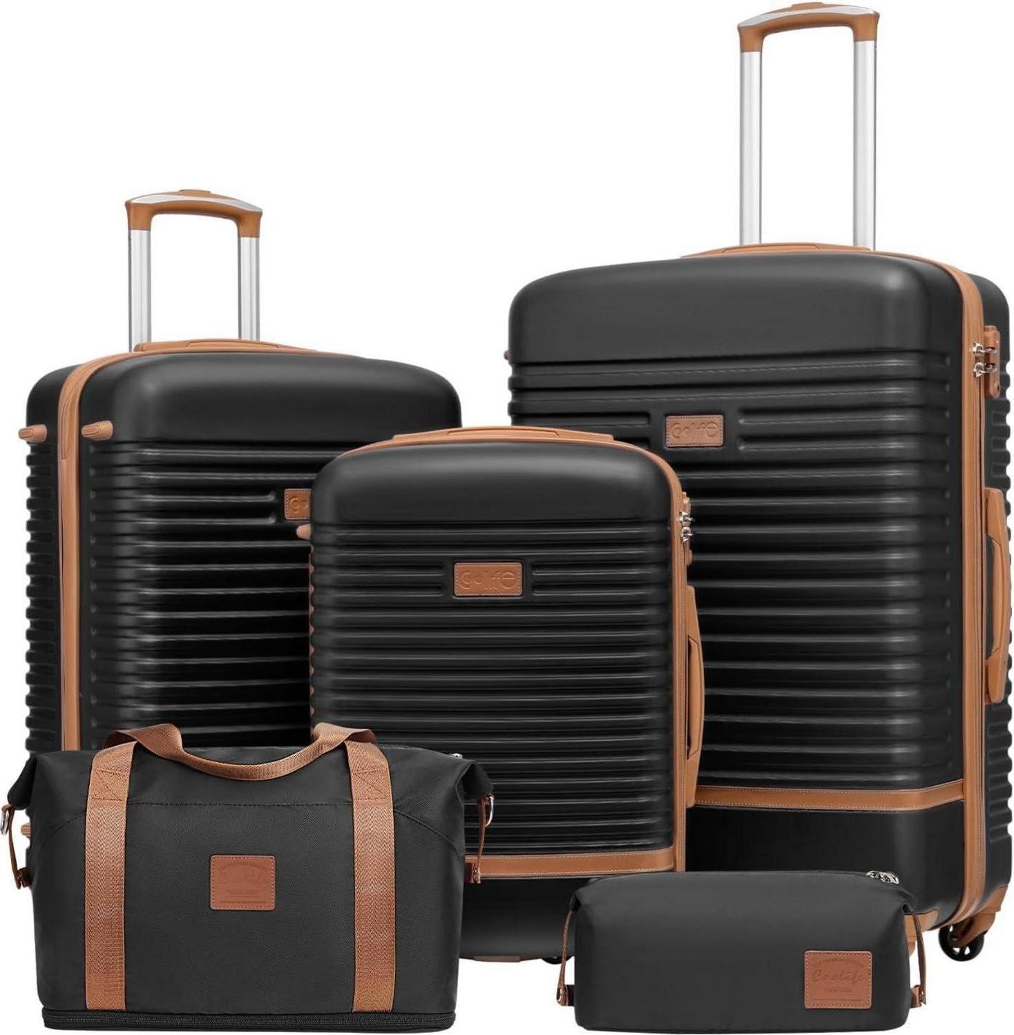 COOLIFE Koffer Trolley Set ABS Hartschale 4 Rollen TSA-Schloss Schwarz/Braun 5tlg