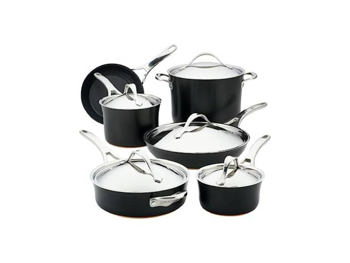 Anolon 83874 Nouvelle Copper Antihaft-Kochgeschirr Töpfe und Pfannen Set, Harteloxiertes Aluminium mit Kupfer-Mittelschicht und Antihaftbeschichtung, Onyx