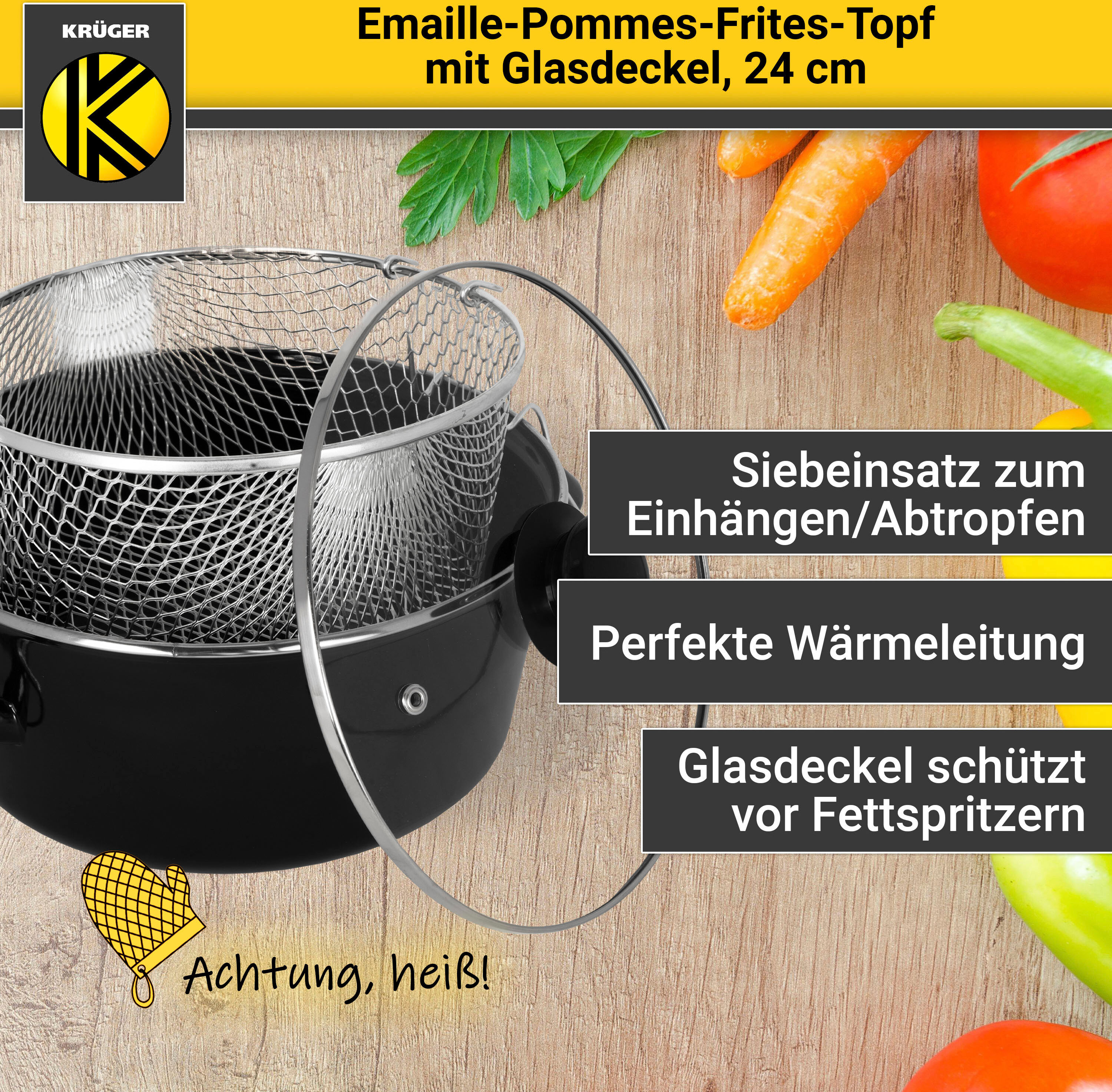 Frittiertopf KRÜGER, schwarz, H:12cm Ø:24cm, Töpfe, Frittiertopf, mit Deckel, Ø 24 cm, Induktion