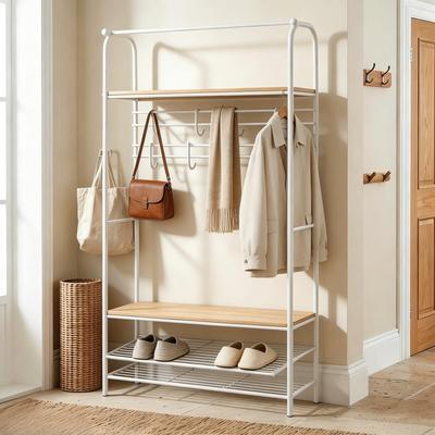 Garvee Hall Tree with Bench and Shoe Storage, 4-in-1 Entryway Coat Rack,4-In-1 Entryway Organizer   Hanging Rod