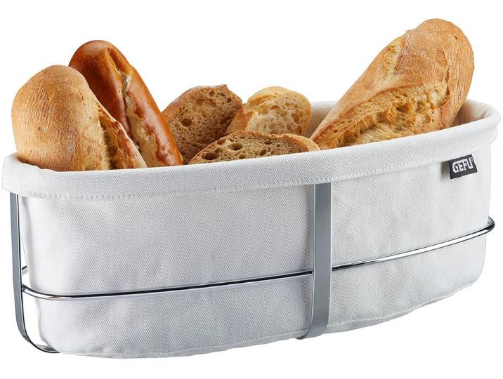 Brotkorb GEFU BRUNCH oval , weiß, B:15cm H:11,5cm L:33,5cm, Baumwolle, Edelstahl, Lebensmittelaufbewahrungsbehälter, Brotkorb, perfekt für Brot & Brötchen