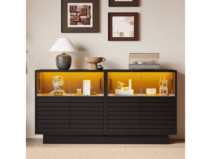 Buffet LED 130x35x68 cm 4 portes vitrées noir