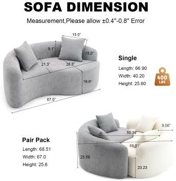 ZWYO HOSIMU "66.9"" Chenille Sofa,Space-Saving S-Shaped Sofa with 400LB Capacity"