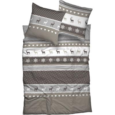 Bettwäsche CASATEX "Garmisch", beige, B/L: 155cm x 220cm, 1 Stk., 1 Stk., Biber, B/L: 80cm x 80cm, 2 Stk., Biber, Obermaterial: 100% Baumwolle, Bettwäsche, Bettwäsche, schöne Hirschmotive, Herzen und Schneekristallen