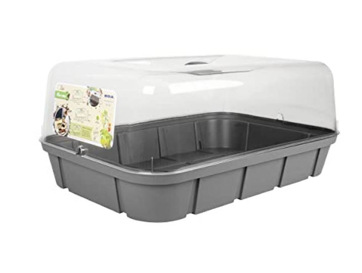 EDA - Mini Serre de Culture Veg&Table - 15\,7 L - Taille L - Couvercle avec Système d'Aération Inclus - Plateau pour Semis - 56 x 38 x H. 24 cm - Gris Anthracite