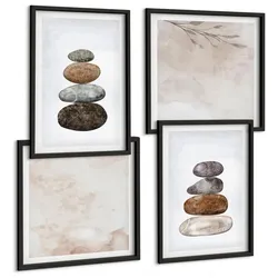 BILDER SET 4er Set - 50x50 cm & 40x60 cm Schwarzer Rahmen - Steinstapel-Boho-Malerei