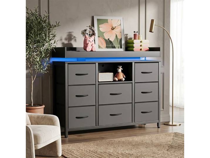 Commode à 8 tiroirs en tissu - Anajqaqia - Commode avec éclairage d'ambiance LED multicolore - Meuble de rangement pour salon - Noir