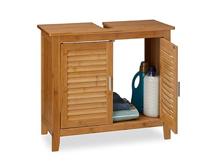Relaxdays Waschbeckenunterschrank LAMELL, 2 Türen, Waschbecken & Waschtisch, Bambus & MDF, HBT: 60 x 67 x 30 cm, natur