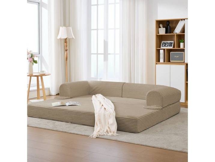 COVREO canapé-lit convertible 2 places 140 x 190 cm en velours côtelé beige avec accoudoirs