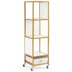 COSTWAY 4-stöckiges Drehregal auf Rollen, 360° mit Stoff-Schublade, schmaler Holz-Organizer