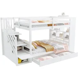 OKWISH Etagenbett 90x200 aus Kiefernholz mit Sicherheitstreppe Schubladen Aufbewahrungsschränken Hochbett Funktionsbett platzsparend Weiß