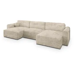 WOHNLANDSCHAFT FENTO Creme Kordstoff mit Schlaffunktion