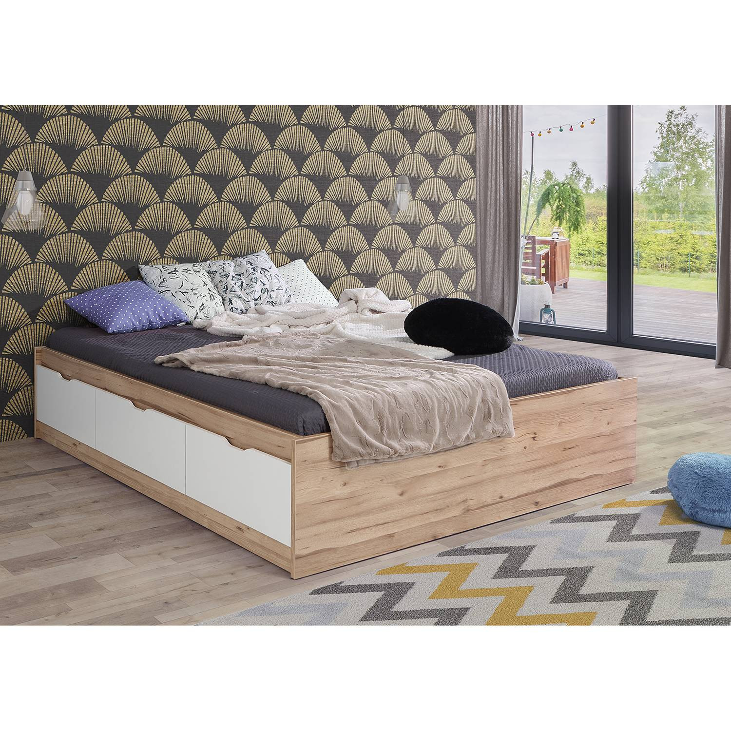 home24 Bedframe Weser met lades wit/bruin eikenhout B/D/H: 160 x 200 cm