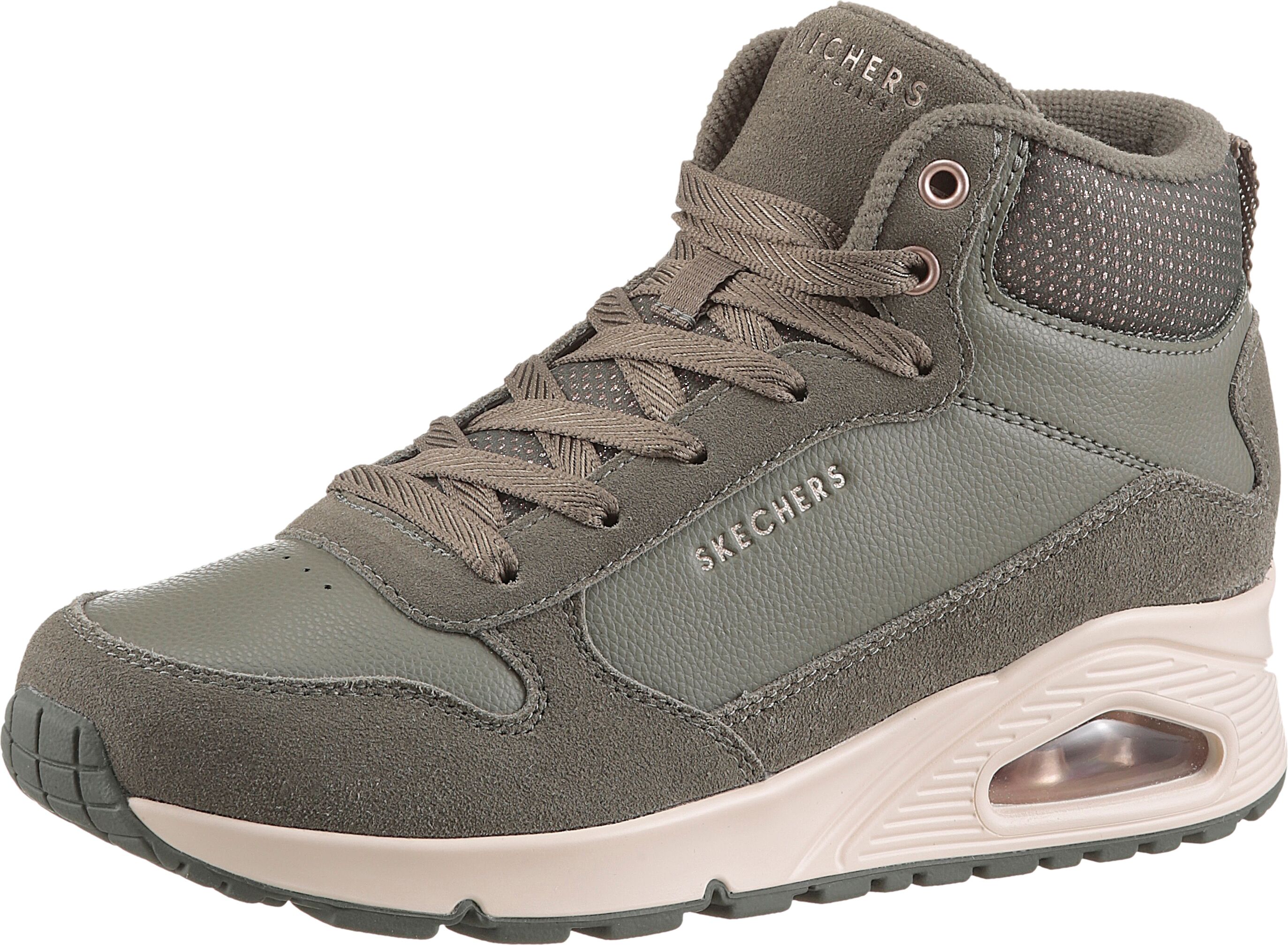 Keilsneaker SKECHERS "UNO-STACRE SHINE", Damen, Gr. 36, grün (olivgrün), Lederimitat, Textil, Veloursleder, Schuhe Keilsneaker, High Top Sneaker, Schnürboots mit Luftkammern Sohle olivgrün 36