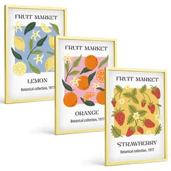 BILDER SET 3er Set - 40x60 cm Goldrahmen - Fruchtposter Zitronen Erdbeeren