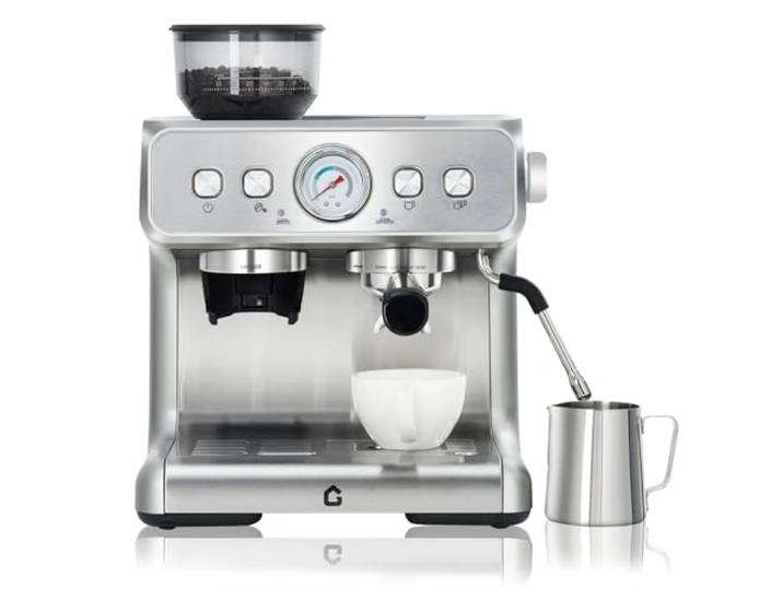 Garvee Kompakte Espresso Siebträgermaschine mit Milchaufschäumer&Mahlwerk 15 Bar Pumpe, Thermoblock – abnehmbarer 2,8L Tank, Heißwasser, Entkalkungsanzeige