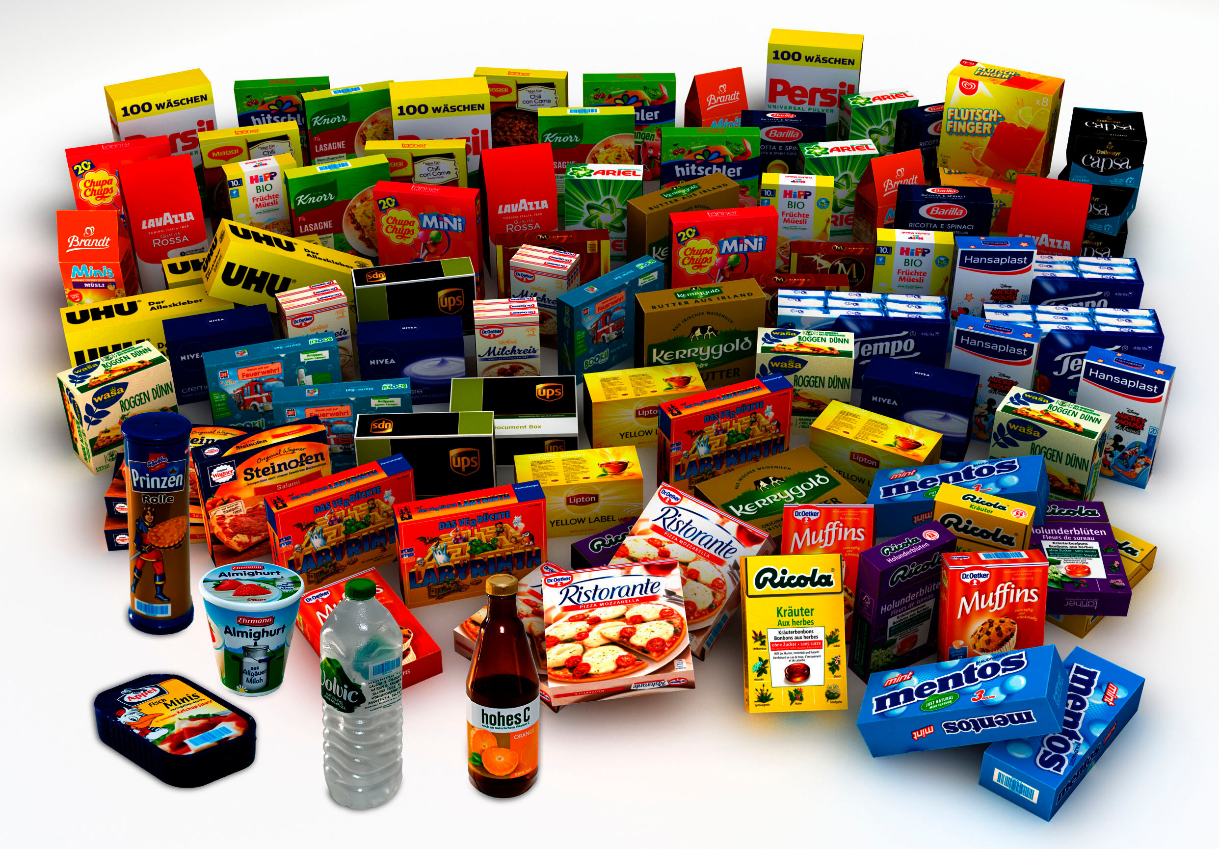 Kaufladensortiment TANNER "Einkaufs-Set 95tlg. mit vielen verschiedenen Markenminiaturen", bunt, Kaufladensortimente, Kinder, Kunststoff, Pappe, Kaufladensortiment
