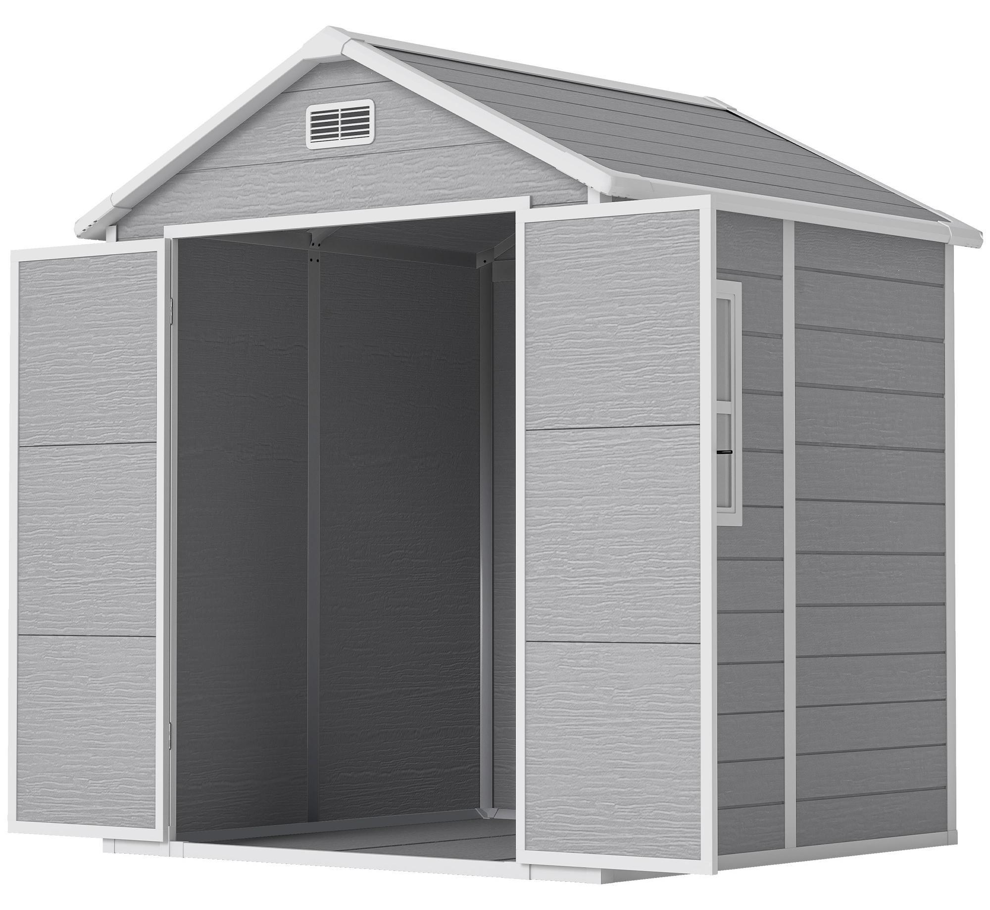Gartenhaus, Ger?teschuppen mit Boden, abschlie?baren Tš¹ren, Lš¹ftungs?ffnungen, Fenstern, Holzoptik, Kunststoff, grau