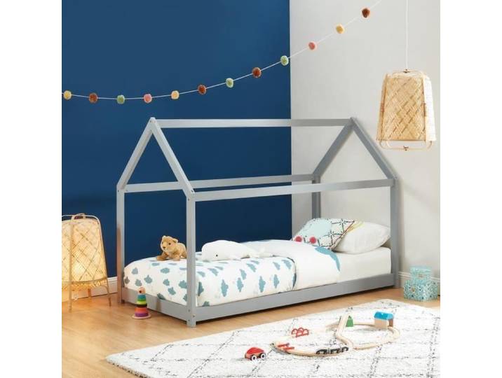 Lit cabane enfant - BAÏTA - Gamme TINY - Pin massif gris - 90 x 190 sommier inclus