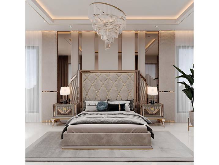 JVmoebel Schlafzimmer-Set Modernes Schlafzimmer Set Bett Nachttische und goldene Akzente, (3-tlg)