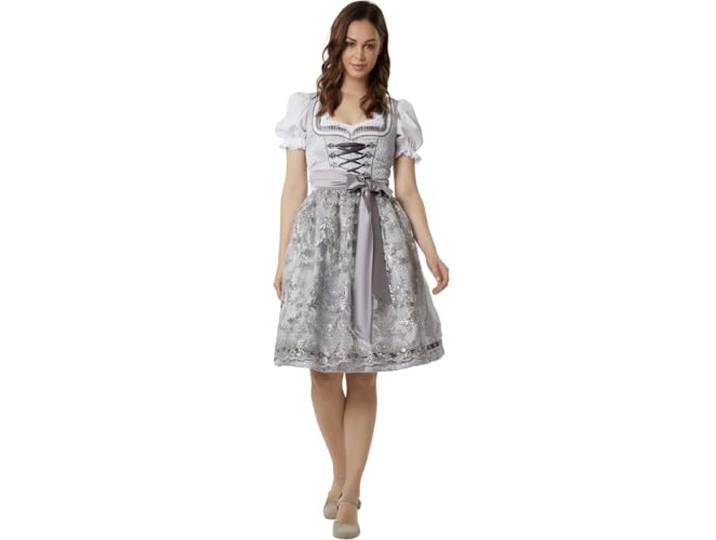 dressforfun Dirndl Lea, Oktoberfest Kleding Dames, Traditionele Jurk, Duitse Klederdracht, Middellange Duitse Jurk, Oktoberfestjurk, Midi Dirndl, Maat 38, Zilver, Feestkleding, Damesjurk