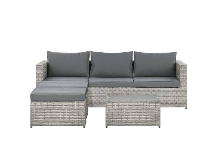 Beliani Rechtsseitiges Lounge Set Polyrattan grau 2 Ottomanen Auflagen Couchtisch Sabbia