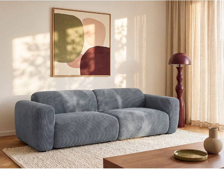 Sofa 4-Sitzer aus Feinrippen-Cord-Samt in Blau POGNI