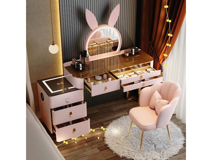 Meuble de Rangement pour Coiffeuse, Organisateur Rétractable, Table de Maquillage avec Recharge Sans Fil, Meubles de Chambre à Coucher