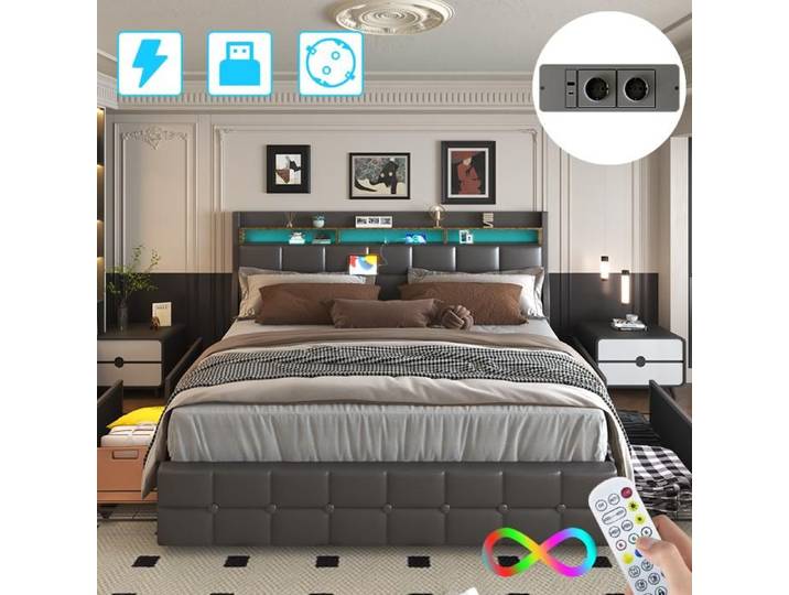 Cadre de Lit 140x190 avec Sommier LED et USB Lit Coffre 140x190 Rangement avec 4 Tiroirs Lit 2 Personnes pour Adultes et Adolescent