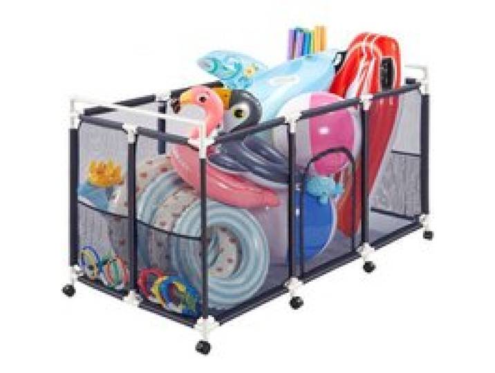 VEVOR Panier Rangement pour Flotteurs Piscine 159x81,5x91,5 cm Bac Stockage pour Bouées Piscine Maille Organisateur à Roulettes pour Jouets Frites de Piscines, avec Poches Latérales, Cadre Plastique
