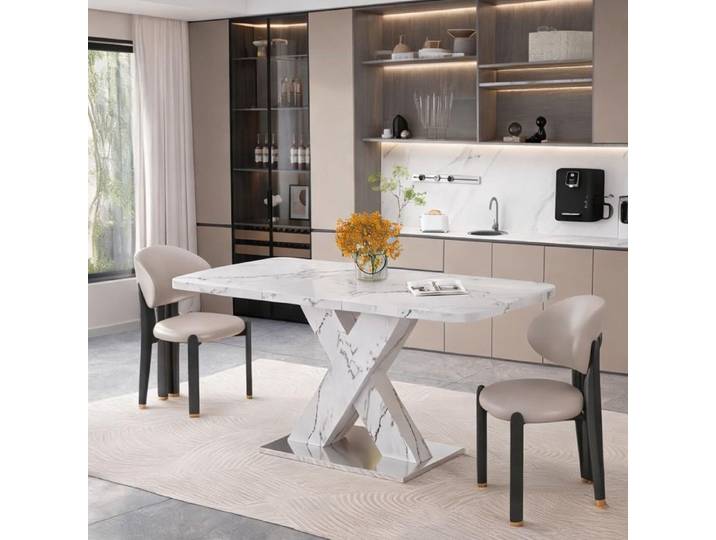 Table à manger rectangulaire extensible 120-160 cm plateau effet marbre blanc base acier