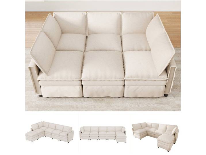 Canapé modulable XXL convertible en U/L pouf mobile double assise tissu chenille beige salon ou bureau