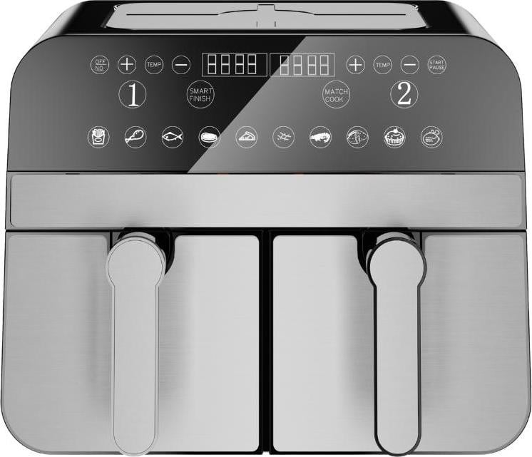 Comfy Nest CN-AFD45NS Digitale Airfryer met Dubbele Bak, 2400W, 9 Liter, Roestvrij Staal