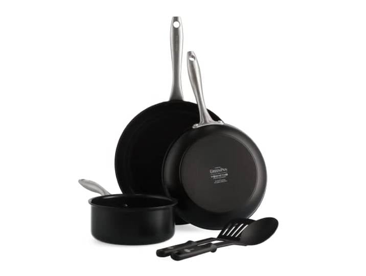 GreenPan Lima Midnight Gesunde Harteloxiert Keramische Antihaftbeschichtung, 5-teiliges Set, einschließlich Bratpfanne, Kochtopf und Nylonbesteck, PFAS-frei, Induktionsgeeignet, Backofenfest, Schwarz