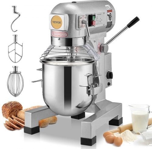 VEVOR Commerciële Keukenmixer, 14L, 550W, Zilver, met RVS Kom en 3 Mengopzetstukken