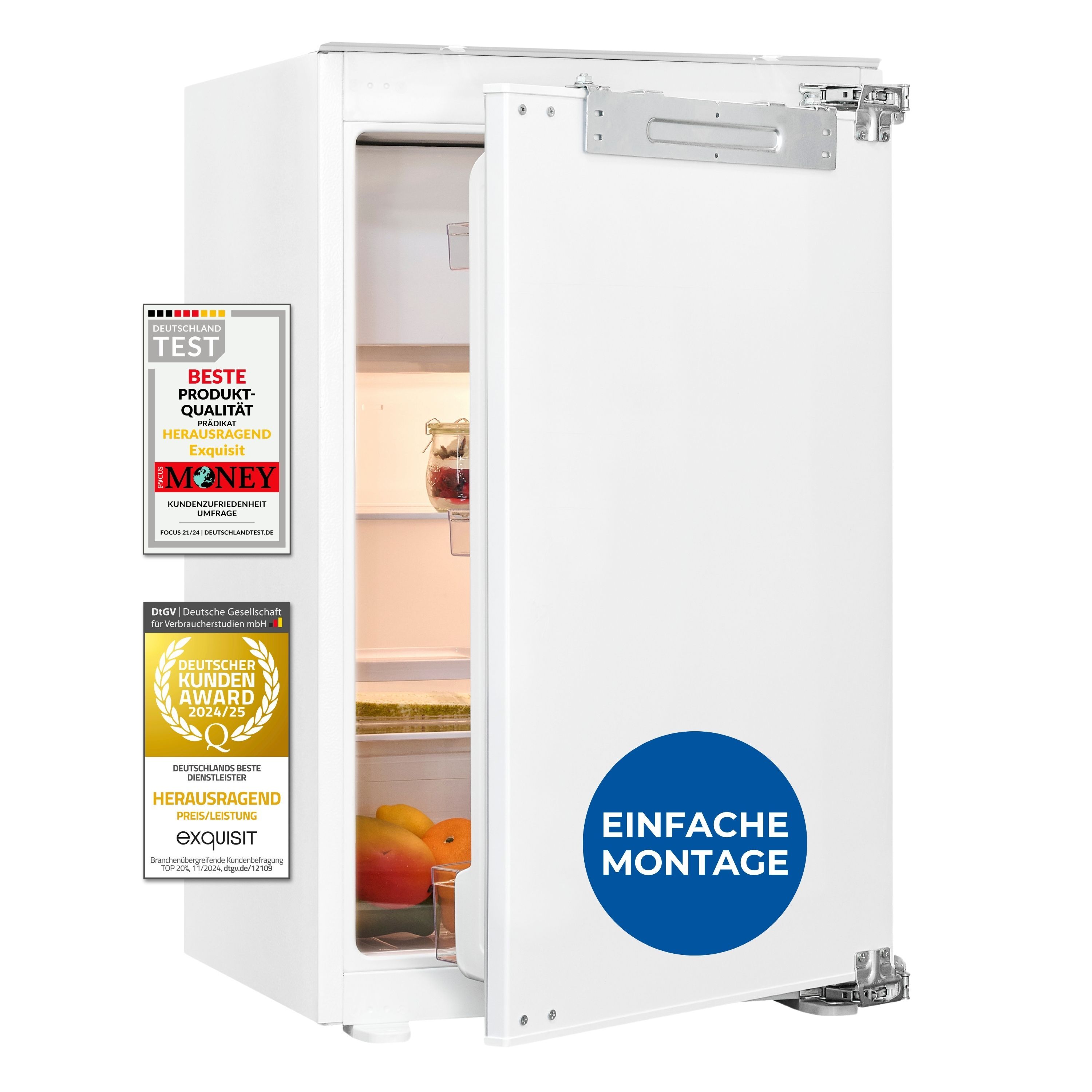 Exquisit Einbau-Kühlschrank, Kühlschrank mit Gefrierfach, 119 Liter, 4-Sterne-Gefrieren, 88 cm Höhe, Festtürmontage, EKS5131-4-FE-090E weiss