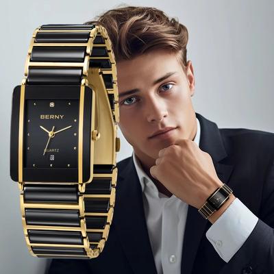 Inspired Finds BERNY XV12 Ceramic Quartz Men's Watch Luxury Rectangle Wristwatch With Calendar men