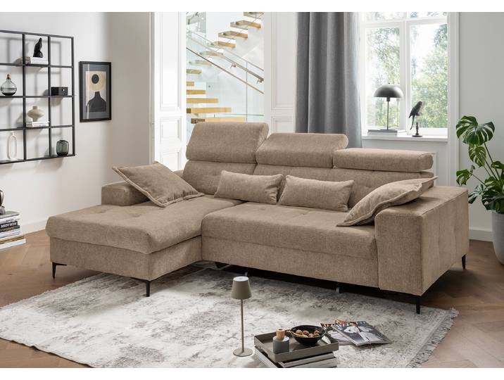 Ecksofa mit Schlaffunktion Braun Webstoff Jimin 270 x 110 x 186cm Longchair davorstehend links mit Schlaffunktion