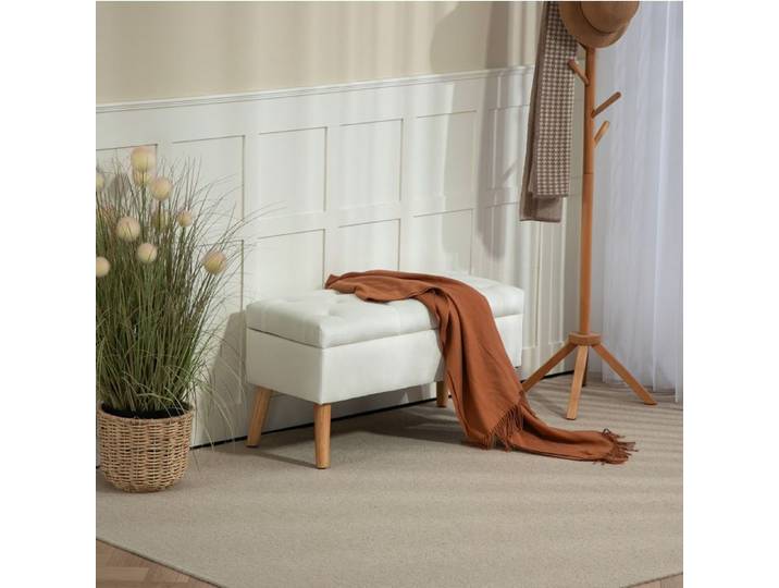 Banquette de rangement blanche 80 x 35 x 40 cm assise capitonnée aspect velours