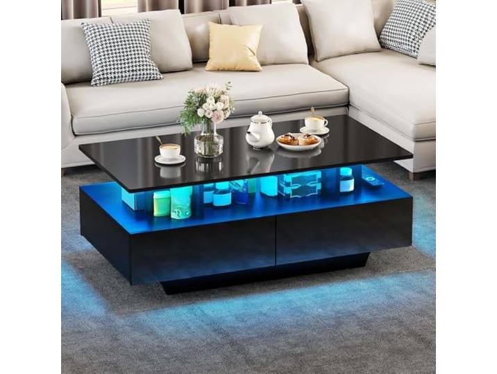 YITAHOME Couchtisch Schwarz, Wohnzimmertisch Hochglanz mit 16-Farbiger LED Beleuchtung Modern, Beistelltisch Schwarz mit Offenem Ausstellungsregal und 4 Ausziehbaren Schubladen 90x55x41,1 cm