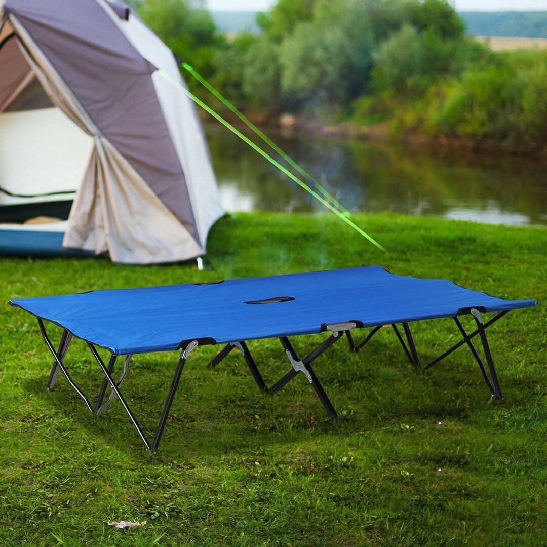 Symple Stuff Horstman Double Camping Bed Foldable Cot Sunbed w/ Carry Bag Blue 40cm H X 125cm W X 193cm L