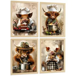 POSTER 4er Set Tier Koch Wandbilder Schwein Bäcker und Highland-Rind Köchin Illustration Küche Wanddeko Leichter Holzrahmen A4