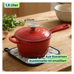 Casativo Gusseisen Stielkasserolle mit Deckel Rot, Ø 17cm, 1,6 Liter Volumen, hochwertiger Saucentopf, Pfanne + Kochtopf, Rot