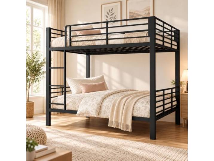 Etagenbett Metall 140x200 cm mit Leiter und Rausfallschutz, Metallbett mit oberem Schutzgitter und Zugang per Leiter für Kinder- und Jugendzimmer.
