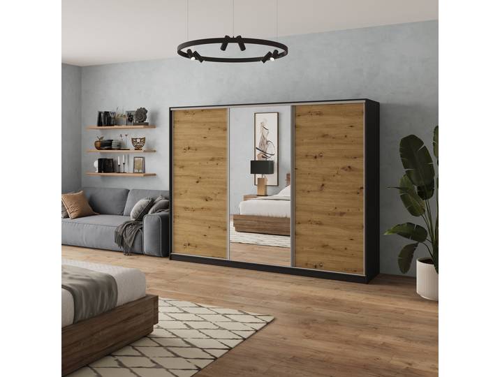 Masseno Schiebetürenschrank SORE 250/205/58cm 3-türig mit Spiegel Schwarz