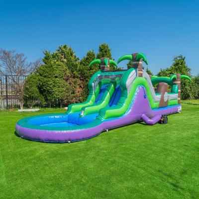 POPJUMP POP JUMP 28ft Tropical Inflatable Obstacle Course with Dual Lane Water Slide & Pool, Backyard Fun for Kids, Includes Blower