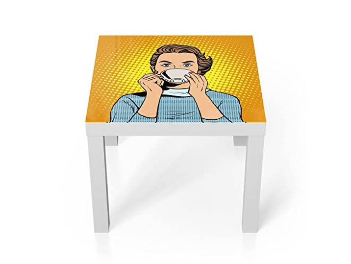 DEQORI Glastisch weiß klein 55x55 cm Motiv Frau trinkt aus Tasse ausgefallener Beistelltisch aus Glas Hochglanz Couchtisch fürs Wohnzimmer moderner Couch Tisch mit Design
