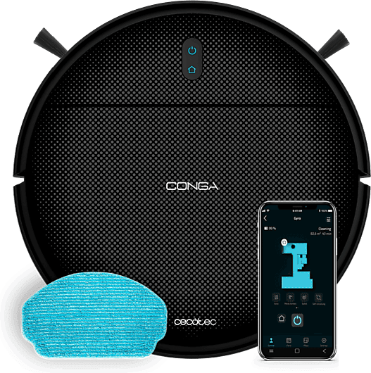 Robot friegasuelos - Cecotec Conga M10, 120 m², Sin enredos, Doble cepillo lateral, Plan de limpieza personalizado, Negro