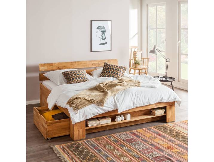 Massivholzbett EosWOOD 200 x 200cm Front & Korpus: Massivholz Eiche, geölt Seiten & Boden Bettkasten: Sperrholz Braun/Eiche Eiche