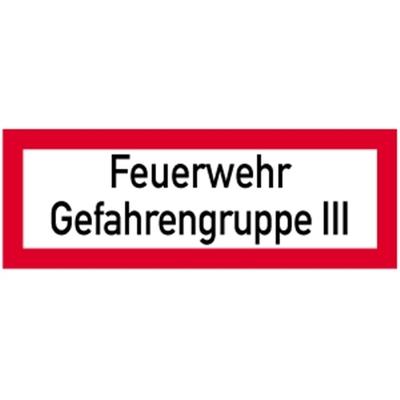 Schild Feuerwehr Gefahrengruppe III, Alu, 297x105 mm